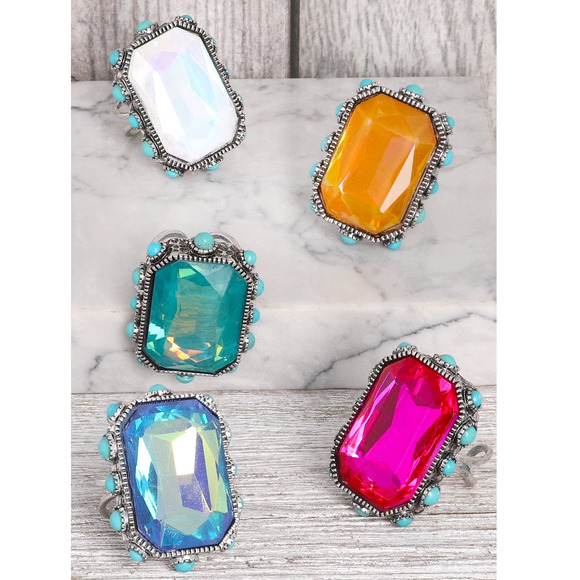 Western Octagon Cut Crystal Adjustable Ring Clear - Picture 2 of 2